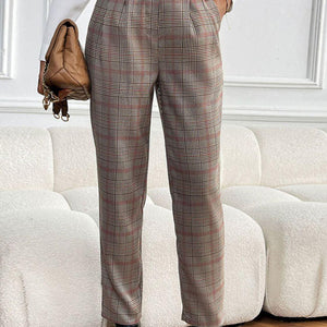 Perfee Plaid Straight Pants with Pockets