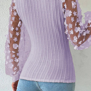 Double Take Textured Applique Long Sleeve Blouse