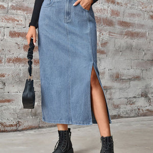 Slit High Waist Denim Skirt with Pockets