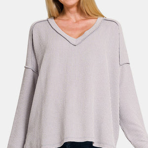 Zenana Texture Exposed Seam V-Neck Long Sleeve T-Shirt