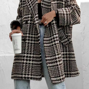 Houndstooth Collared Neck Long Sleeve Coat with Pockets