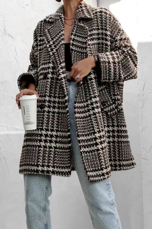 Houndstooth Collared Neck Long Sleeve Coat with Pockets