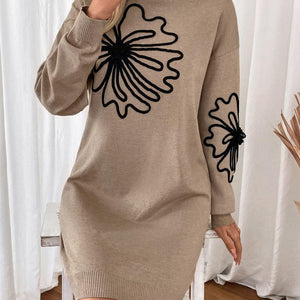 Perfee Flower Mock Neck Long Sleeve Sweater Dress