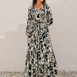 Smocked Printed Tie Neck Long Sleeve Dress