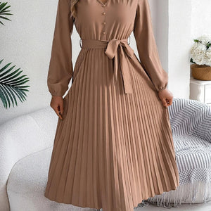 Pleated Tied V-Neck Long Sleeve Dress