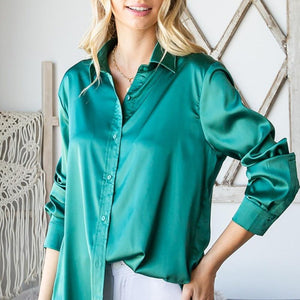 First Love Satin Long Sleeve Button Down Shirt