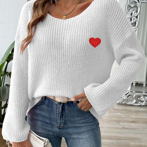 Heart Boat Neck Dropped Shoulder Sweater