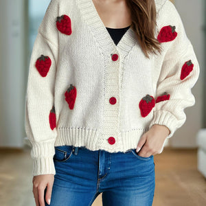 Crochet Strawberry V-Neck Long Sleeve Cardigan