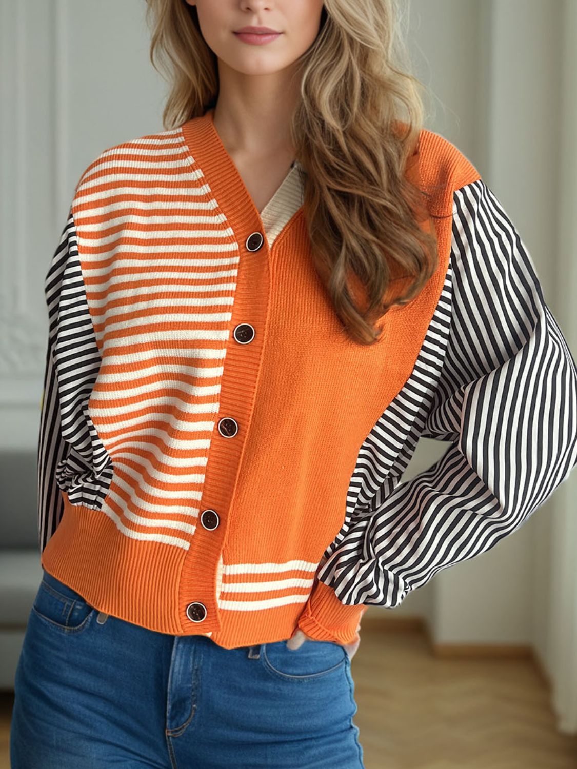 Striped Button Down Long Sleeve Cardigan