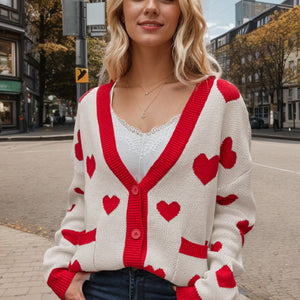 Heart Button Up Dropped Shoulder Long Sleeve Cardigan