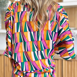 Double Take Full Size Geometric Notched Dolman Sleeve Top