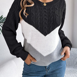 Cable-Knit Color Block Round Neck Sweater