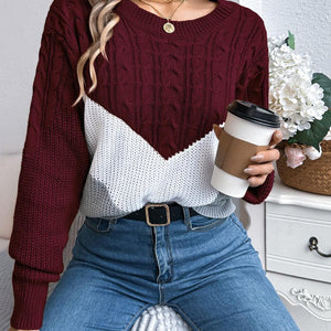 Cable-Knit Color Block Round Neck Sweater