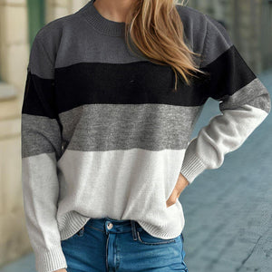 Color Block Round Neck Long Sleeve Sweater