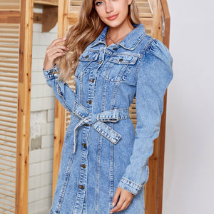 Tied Button Up Collared Neck Denim Dress