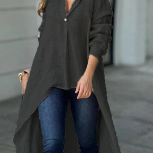 Full Size High-Low Collared Neck Long Sleeve Shirt