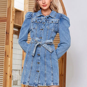 Tied Button Up Collared Neck Denim Dress