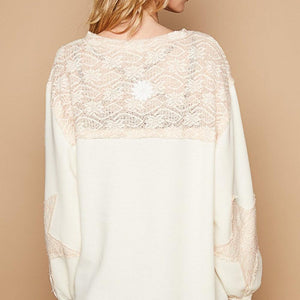 POL Round Neck Long Sleeve Crochet Patches Top