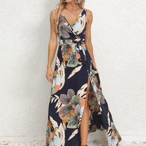 Slit Tied Printed Surplice Dress