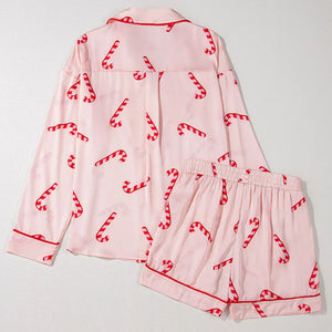 Candy Cane Collared Neck Long Sleeve Top and Shorts Lounge Set