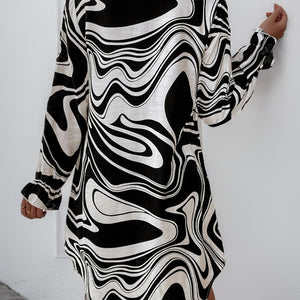 Perfee Ruffled Printed V-Neck Long Sleeve Dress