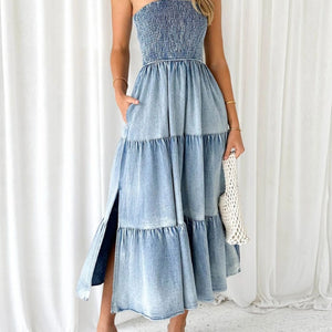 Slit Smocked Tube Tiered Denim Dress