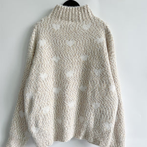 Heart Heathered Turtleneck Drop Shoulder Sweater