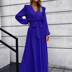 Pleated Surplice Tie Waist Maxi Dress