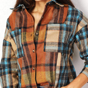 Double Take Plaid Curved Hem Shirt Jacket with Breast Pockets