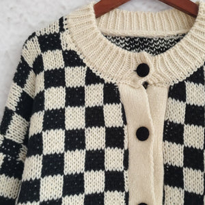 Checkered Button Up Round Neck Cardigan