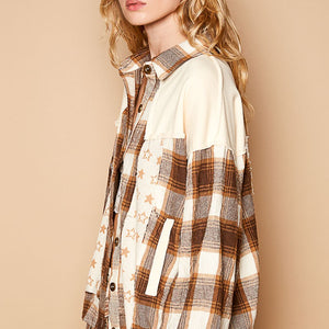 POL Plaid & Star Patchwork Contrast Long Sleeve Shacket