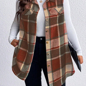 Honey Plus Size Pocketed Plaid Button Up Vest Coat