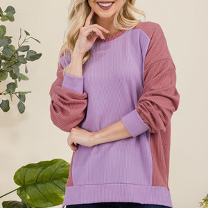 Celeste Full Size High-Low Contrast Round Neck Sweatshirt