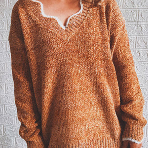 Notched Dropped Shoulder Long Sleeve Sweater