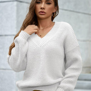 V-Neck Dropped Shoulder Long Sleeve Sweater