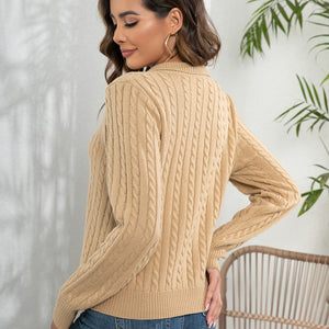 Johnny Collar Cable-Knit Long Sleeve Sweater