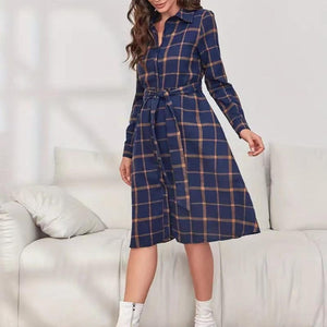 Plaid Tie Waist Long Sleeve Dress