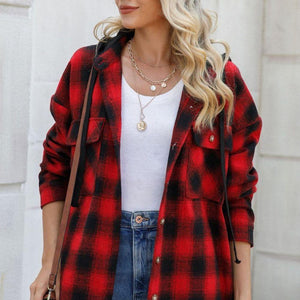 Drawstring Plaid Long Sleeve Hooded Shacket