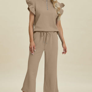 Double Take Full Size Texture Ruffle Short Sleeve Top and Wide Leg Pants Set