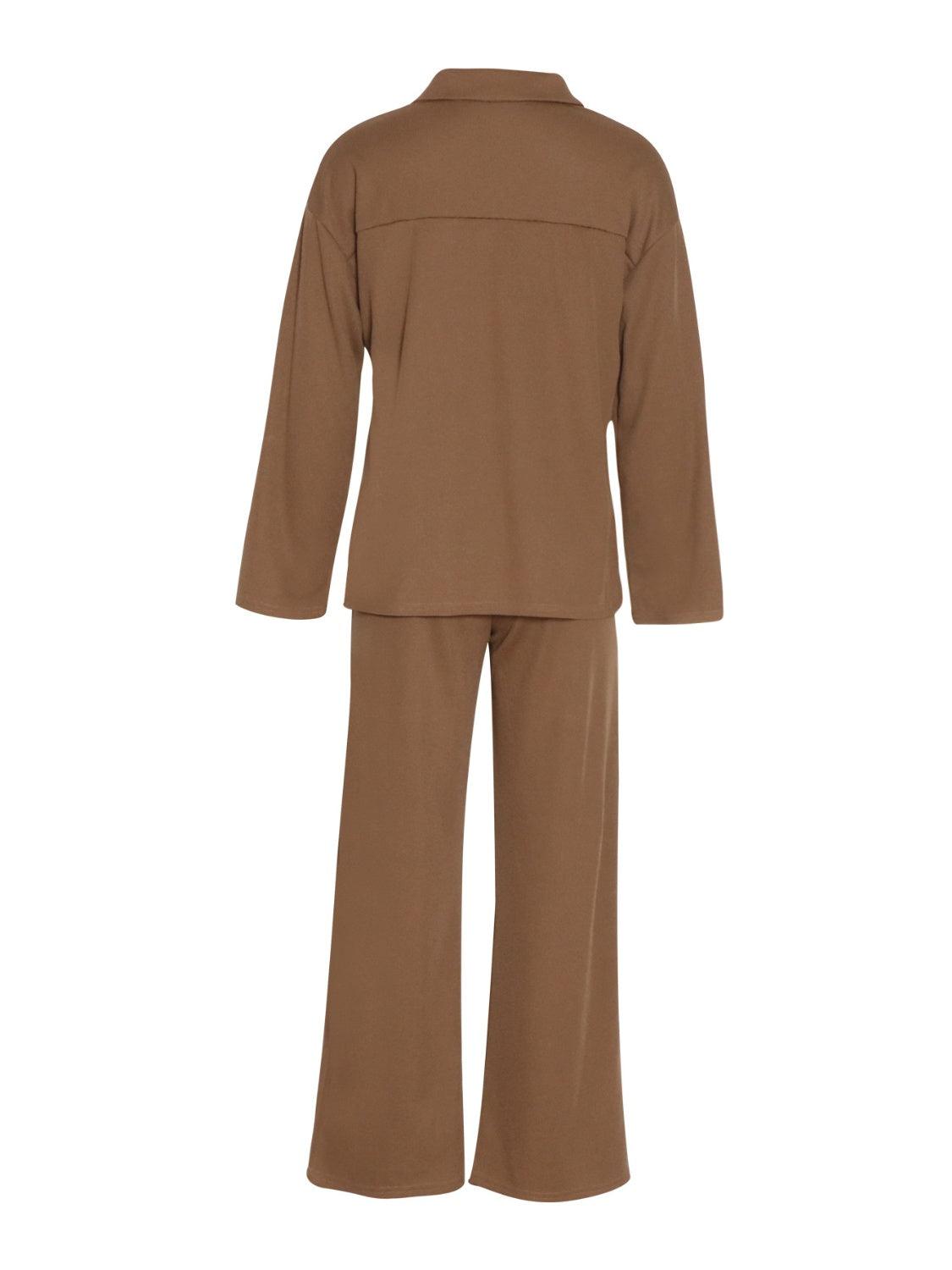 Collared Neck Long Sleeve Top and Drawstring Pants Set