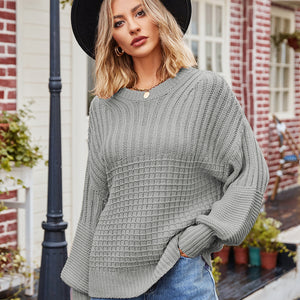 Ribbed Drop Shoulder Lantern Sleeve Sweater