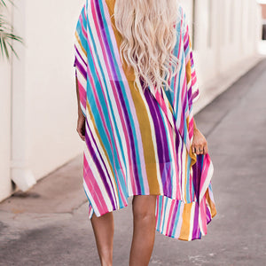 Striped Side Slit Open Front Cardigan