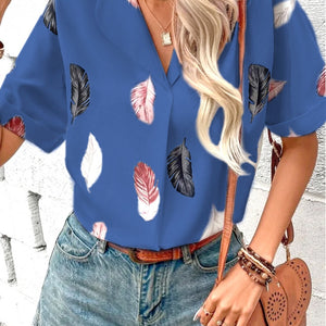 Full Size Printed Collared Neck Short Sleeve Blouse