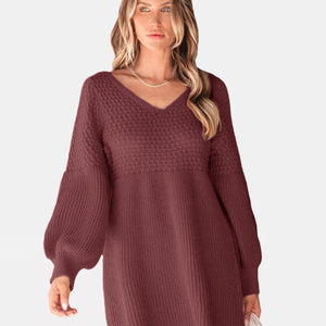 Perfee V-Neck Long Sleeve Sweater Dress