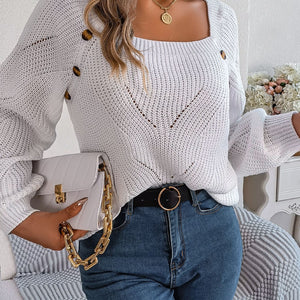 Openwork Buttoned Square Neck Sweater