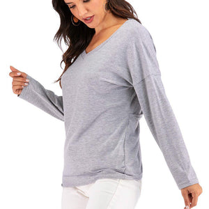 Perfee V-Neck Drop Shoulder Open Back Sweatshirt