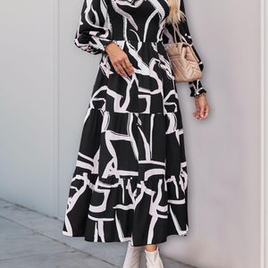 Perfee Smocked Printed Long Sleeve Midi Dress