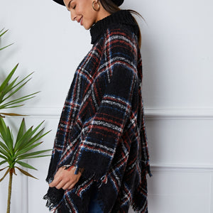 Shiny Turtleneck Plaid Raw Hem Sweater