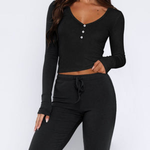 V-Neck Long Sleeve Top and Pants Set