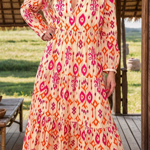 Tiered Printed Notched Long Sleeve Midi Dress